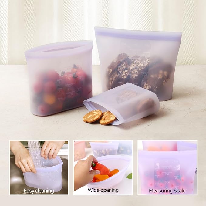 Reusable Silicone Food Storage Bags (Set of 3) – Leakproof Zip Seal, BPA-Free, Freezer & Microwave Safe – for Meal Prep, Snacks, Fruits, and More (Purple Set)
