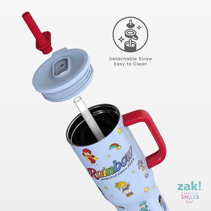 Zak Designs Rainbow Brite Sutton Travel Tumbler for On the Go, 30oz Stainless Steel with Vacuum Insulation, Silicone Straw, and Carry Handle for Cold Drinks (Rainbow Brite, Color Kids)
