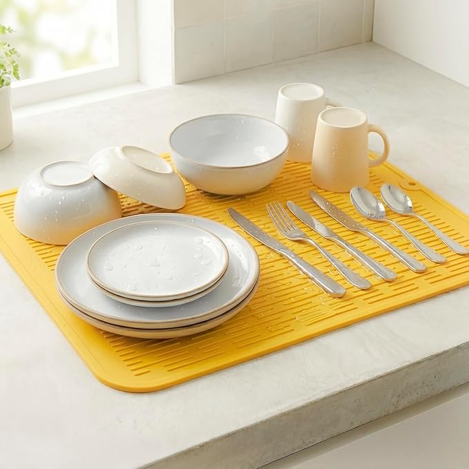 MicoYang Silicone Dish Drying Mat for Multiple Usage,Easy clean,Eco-friendly,Heat-resistant Silicone Mat for Kitchen Counter or Sink,Refrigerator or Drawer Liner Yellow XL 18 inches x 16 inches