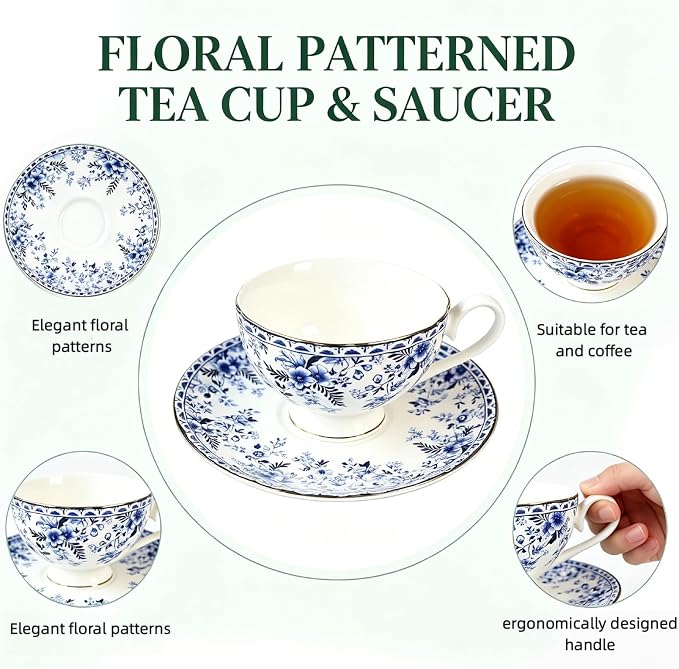 Vintage Floral Porcelain Tea Cup and Saucer Set with Gold Trim, Classic Blue Pattern, 6 oz Capacity