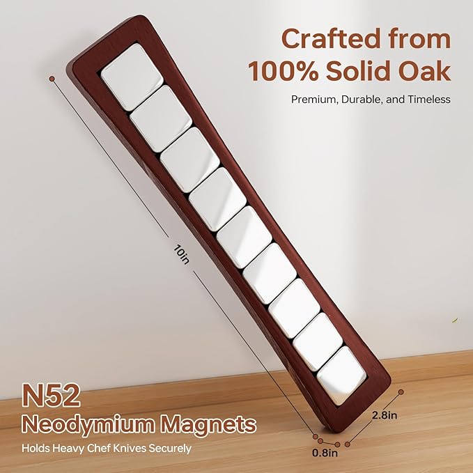 Magnetic Knife Holder for Wall 10 Inch, Premium Oak Wood Magnetic Knife Strip with N52 Super Strong Magnets, No Drilling Wooden Knife Rack Bar for Kitchen Knives & Tools-Renter Friendly