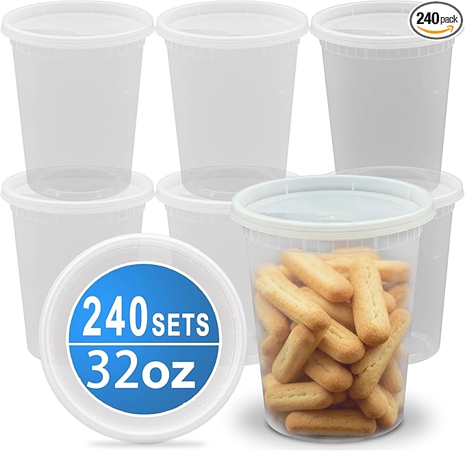 240 Sets 32oz Deli Food Storage Containers, Plastic Takeout Deli Cups for Meal Prep Leftover, Reusable Round Soup Containers with Lids, BPA Free, Stackable, Leakproof, Microwave and Freezer Safe