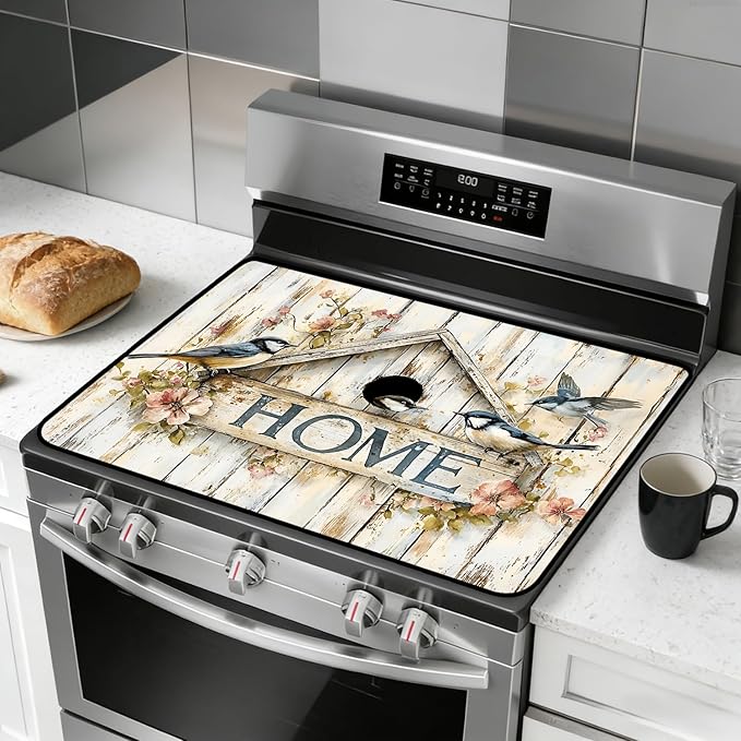Stove Top Cover for Electric Stove, Vintage Farmhouse Style Glass Cooktop Protector, Multi-functional Kitchen Counter & Washer Top Cover