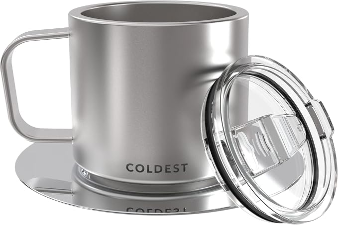 Stackable Insulated Espresso Cup with Saucer by Coldest - Insulated Triple Wall Travel Stainless Steel Travel Double Shot Espresso Coffee Mug with Sliding Lid (4 oz, Polished Stainless Steel)
