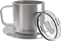 Stackable Insulated Espresso Cup with Saucer by Coldest - Insulated Triple Wall Travel Stainless Steel Travel Double Shot Espresso Coffee Mug with Sliding Lid (4 oz, Polished Stainless Steel)