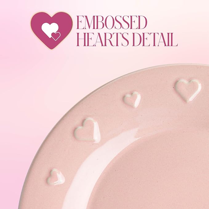 Paris Hilton 12-Piece Dinnerware Set, Embossed Hearts. Iconic Ceramic Stoneware Service for 4 with Dinner Plates, Salad Plates, and Bowls, Microwave & Dishwasher Safe, Pink