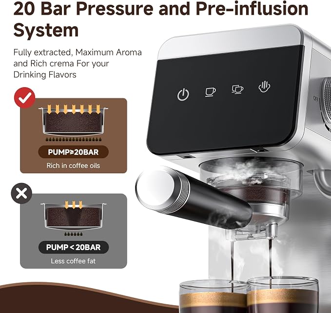 AMZCHEF Espresso Machine 20 Bar, Compact Coffee Maker with LED Touch Screen & Milk Frother, Brushed Stainless Steel Housing Espresso Maker for Home & Office, Coffee Machine for Cappuccino, Latte