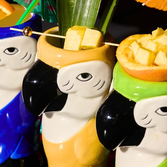 LEMONSODA Ceramic Hawaiian Tiki Glasses (Tiki Parrots, Set of 4)