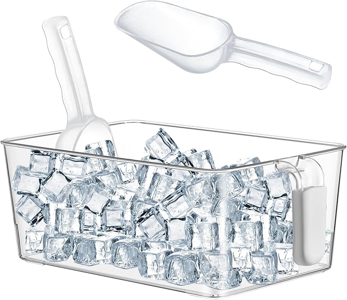 Havawish 1 Set Ice Bin and Flexible Scoop Set Plastic Freezer Ice Bin with Pull out Handle Storage Bucket Clear for Container with Bucket Scoop (10.83 x 7 x 4.33 in,Grey)