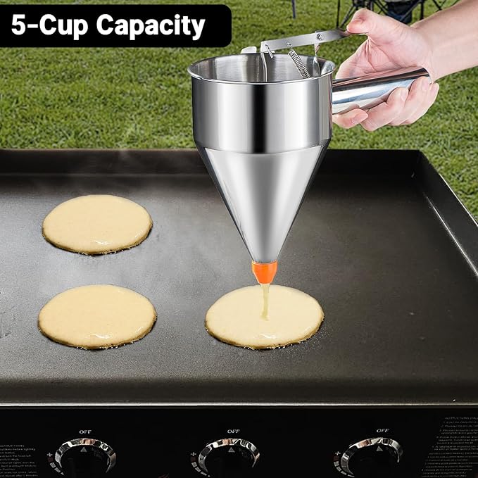 7 Pcs Griddle Breakfast Kit for Blackstone - Pancake Batter Dispenser for Griddle, Grill Press for Bacon, 4 Egg Rings/Pancake Molds, Basting Brush Compatible with Blackstone Griddles