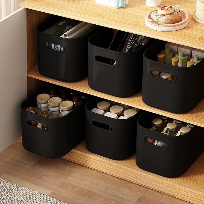ORGIDOL 6 Pack Black Storage Bins with Lids Stackable Storage Container for Organizing, Black Storage Boxes with Handle for Shelves, Cute Organizer Bins for Craft, Snacks, 9.85x6.9x5.7 inch