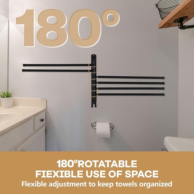 Teenyyou Swivel Towel Rack 20.4 Inches 304 Stainless Steel 6 Arms Bathroom Towel Rack Hanger Space Saving Pool Holder Wall Mounted Swivel Bar with Hook, Matte Black