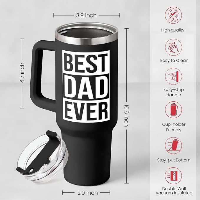 SANDJEST Best Dad Ever Tumbler with Handle 40oz Stainless Steel Insulated Coffee Cup - Gift Set with Lid & Straw for Father’s Day, Birthday, Christmas