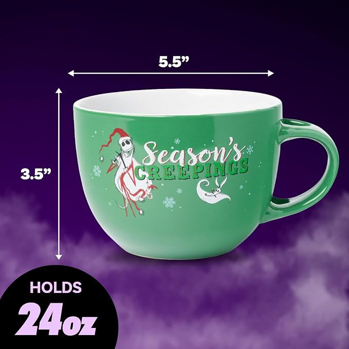 Silver Buffalo Disney Tim Burton's Nightmare Before Christmas Holiday Season's Creepings Jack Skellington Ceramic Soup Mug with Spoon Set, 24 Ounces