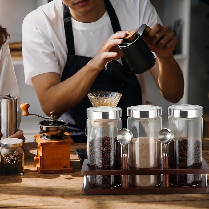 Suclain 3 Pcs 44 oz Glass Coffee Grounds Container with Shelf Glass Coffee Bean Storage Canisters with Airtight Lid and Measuring Spoon Food Storage Jars for Kitchen Sugar (Artsy Style)