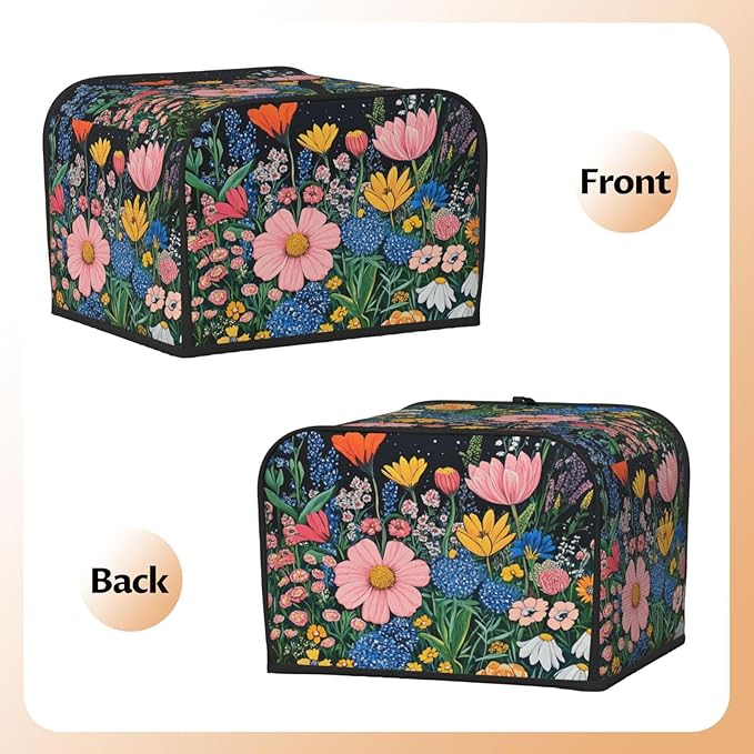 4 Slice Toaster Cover for Kitchen Wildflower Art Floral Black aterproof and Dustproof Toaster Dust Cover with Side Pockets Decorative Universal Cover for Wide Slot Toasters and Small Appliances