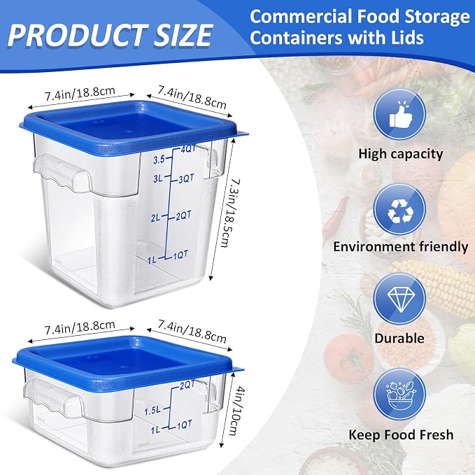 Yungyan 16 Pcs Restaurant Food Storage Containers with Lids Set 2Qt and 4Qt Commercial Restaurant Square Storage Containers Clear Food Cereal Container for Kitchen Freezer (Blue Lids)