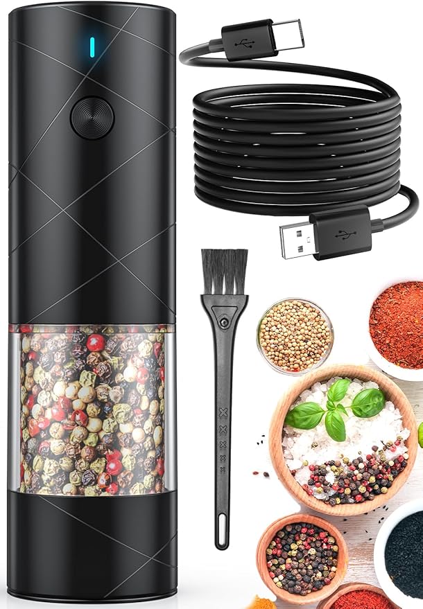 1Pc Electric Salt and Pepper Grinder USB Rechargeable with Warm LED Light, Adjustable Coarseness Lidaop Large Capacity Automatic Salt Pepper Mill Shakers for Kitchen, Restaurant, Outdoor, Black