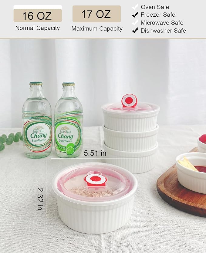 Ramekins 16 oz Oven Safe, Creme Brulee Ramekins with Lids, White Ceramic Souffle Dishes Ramekin, Mini Baking Bowls with Cover Set of 4, Ramekin Assorted Sizes - Dishwasher and Oven Safe, Fathers Day Gift