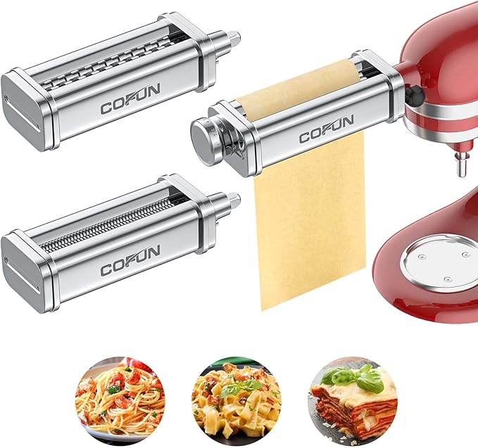 Cofun 3PCS Pasta Attachment for KitchenAid Stand Mixer, 8 Thickness Settings Stainless Steel Pasta Maker with Sheet Roller, Spaghetti & Fettuccine Cutter, Pasta Maker for Kitchenaid Mixer Attachments