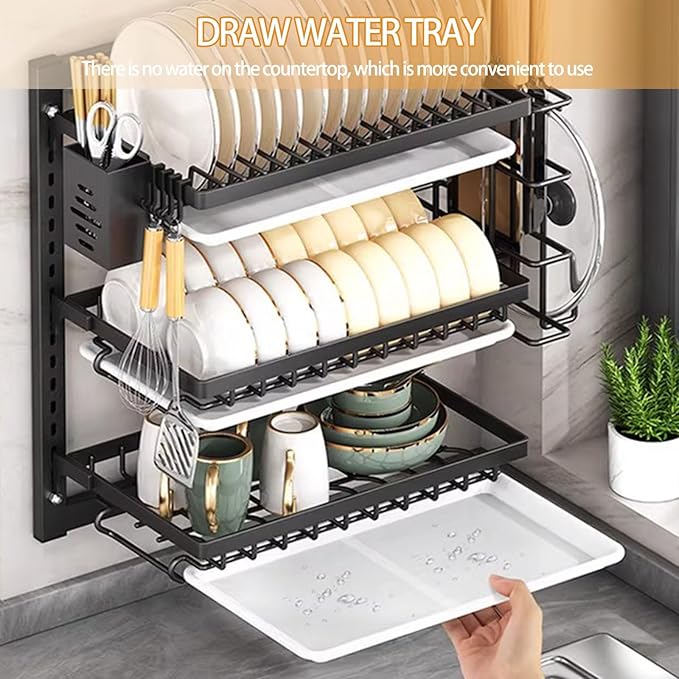 Wall Mounted Dish Drying Rack,Large Dish Drainer Drying Rack for Kitchen Counter,Multi-Level Kitchen Organizer with Drainboard Double-Layer Model(Black,3 Tier 38cm)