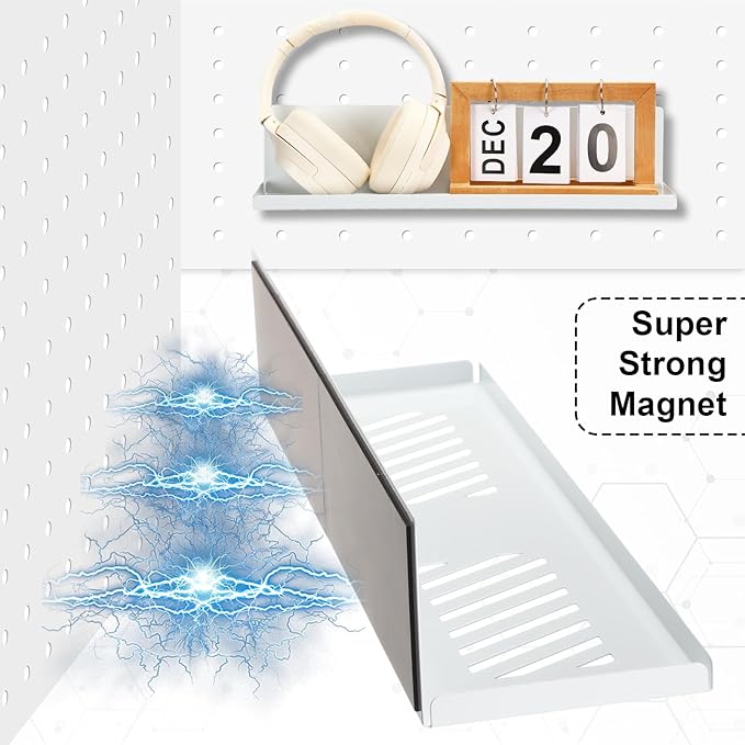 Therwen 4 Pack Magnetic Pegboard Shelves Wall Organizer Metal Pegboard Shelf Steel Tray Accessories Organizing Tools for Craft Home Kitchen (16 x 4.7 x 3.5 Inches,White)