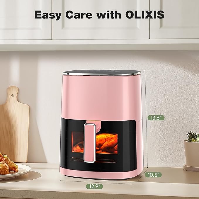 OLIXIS 12-in-1 Air Fryer 6.34 Quarts, Visable Airfryer with Window, 400°F, Roast, Reheat, Dehydrate, Bake, Steam, Fries, Custard, Chicken, Wings, Sea Food, Vegetabels, Fairy Pink
