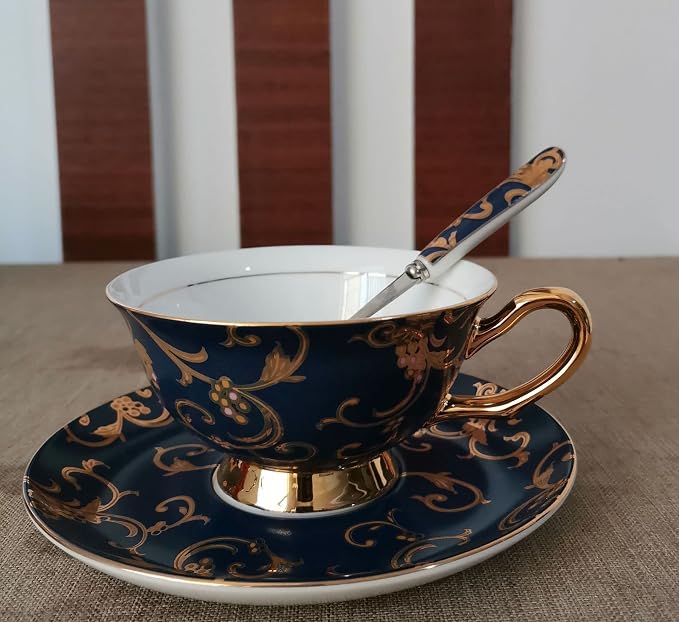 YBK Tech Euro Style Bone China Cup& Saucer Set, Ceramic Tea Coffee Cup for Home Kitchen Wedding (Retro Flower Pattern- Dark Blue)