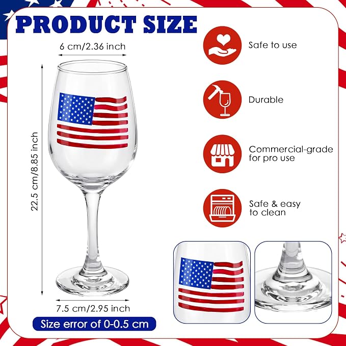 SiliFine 4 Pcs 4th of July Patriotic Party Stemmed Wine Glasses Hand Painted American Flag Drinking Cup Wine Glasses Gifts for Independence Day Theme Holiday Party Supplies