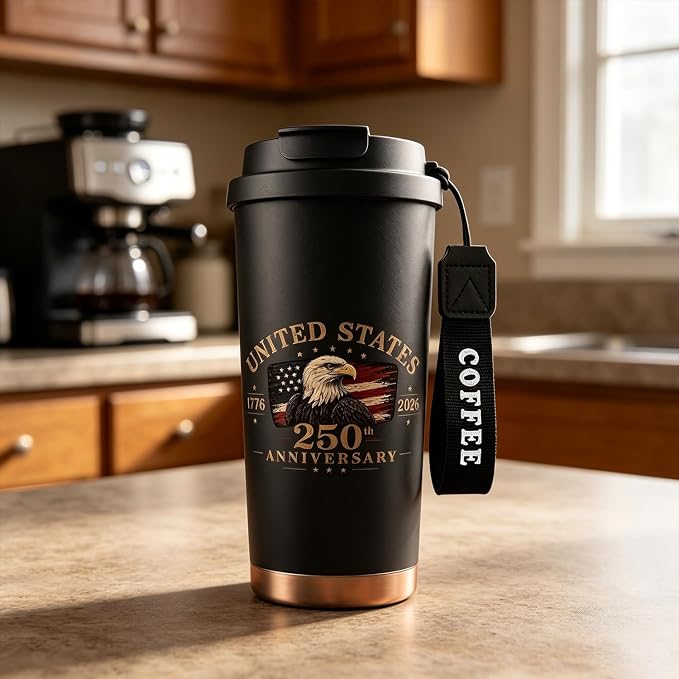 250th Anniversary Coffee Mug, 18 oz Stainless Steel Insulated Tumbler, Vintage Patriotic Design 1776-2026, Fathers Day Birthday Gift Dad From, Military Veteran Retirement Commemorative Gift, Black