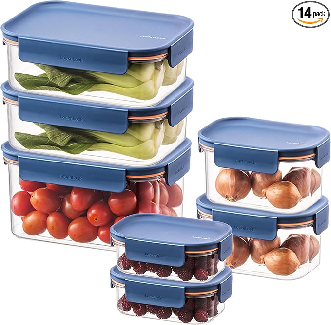 LocknLock Tritan Plastic Bisfree Modular Plus Food Storage Container Set,14 set (7 containers & 7 Lids)- Navy