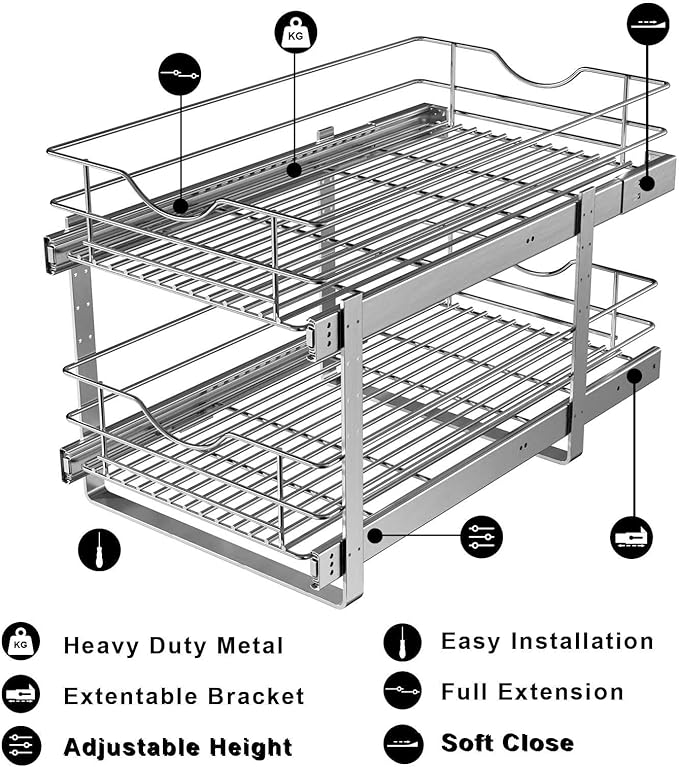 Pull Out Cabinet Organizer,(17½"W x 22" D) 2 Tier Soft Close Slide Out Drawer For Kitchen Base Cabinet, Individual Pull Out Shelf, Roll Out Pantry Organization, 22 Inch Deep