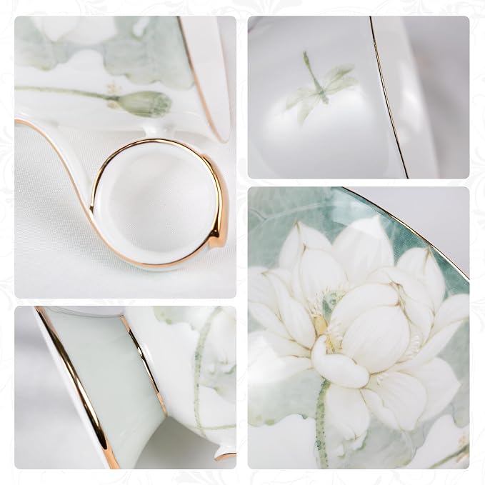 KAMMAK Ceramic Coffee Cups Saucers Set of 2, Porcelain Espresso Cup with Saucer, 8.12 oz Handmade Elegant Bone China Tea Cups, Ceramic Floral Pattern Demitasse Cup for Latte, Americano, Cappuccino