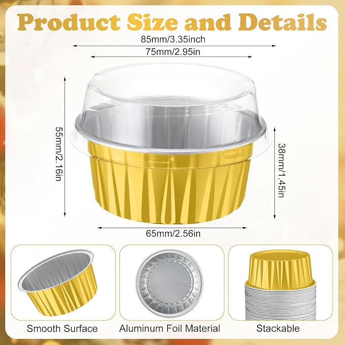 Gejoy 600 Pcs Aluminum Foil Baking Cups with Lids 5 oz Disposable Ramekins Mini Cake Pans Creme Brulee Cupcake Liners Muffin Dessert Container for Wedding Birthday Party (Classic,Gold Color)