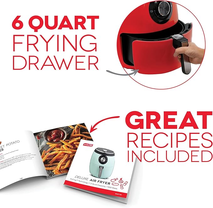 Dash Deluxe Air Fryer - Adjustable Temperature Control & Auto Shut-Off Feature - AirCrisp® Technology - Spacious Nonstick Basket - 1700 Watt - 6 Quarts - Red