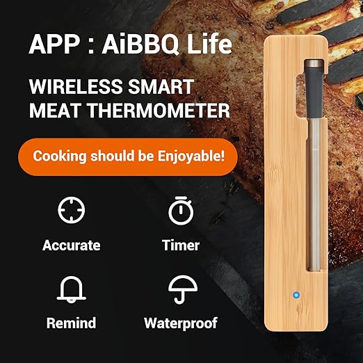 Smart Bluetooth Meat Thermometer with App, Wireless Digital Food Thermometer for BBQ Grilling, 1000°F Heat Resistant, IP68 Waterproof, Long Range for iOS Android