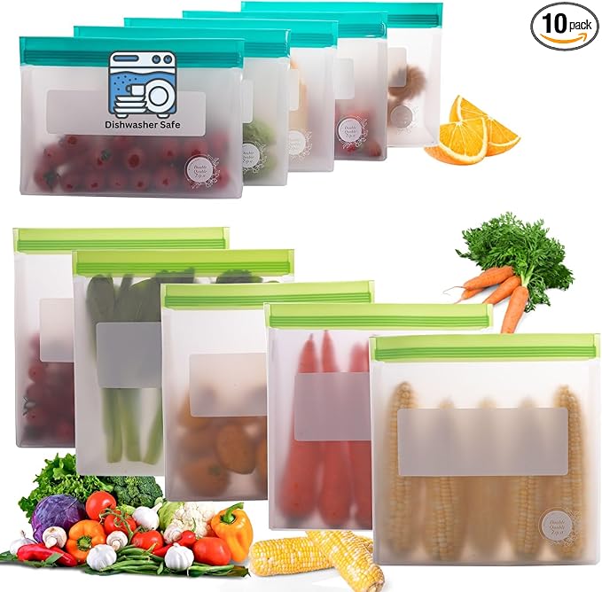 Reusable Food Storage Bags – 10-Pack Stand-Up, BPA-Free, Freezer, Dishwasher Safe & Eco-Friendly – 5 Gl, 5 L Bags – Airtight Leakproof Ziplock Bags for Kitchen Storage (Multicolor)