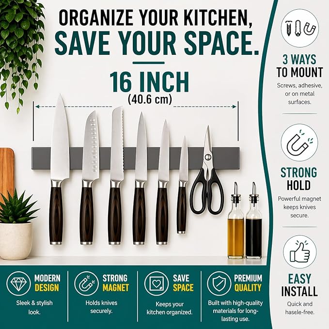 Magnetic Knife Holder 16 Inch Gunmetal – Exclusive Color Stainless Steel Strip, Rack & Bar for Wall or Fridge, No Drill Adhesive Kitchen Organizer, Premium Gift by Pampavanna