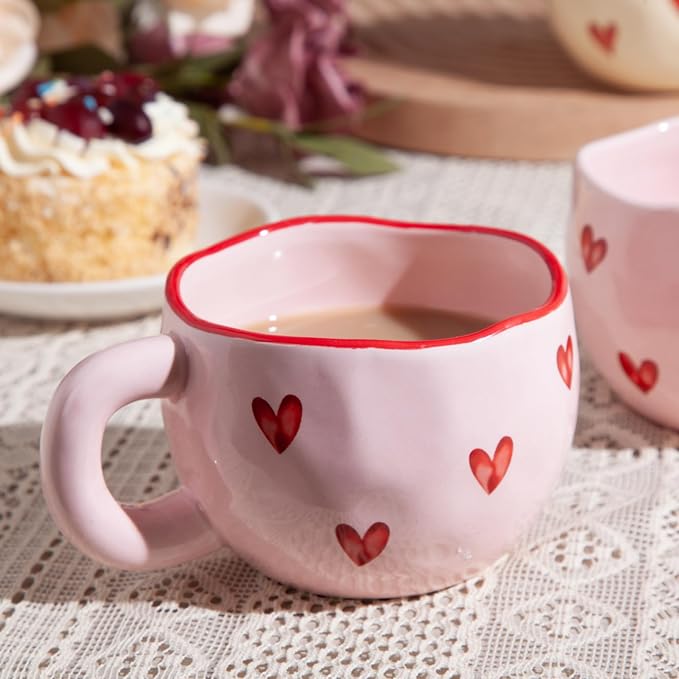4pcs Ceramic Heart Mugs, 9.4OZ Cute Love Coffee Cup Set, Pink & Yellow, Dishwasher Safe Espresso/Latte Mugs Set, Gift for Women/Mom/Girl Friend(Love)