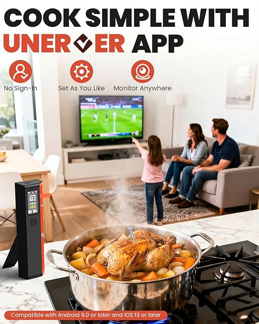 UNERVER Wireless Meat Thermometer with WiFi Unlimited Range - Ultra Thin Probe with 6 High Accuracy ±0.5°F Sensors, Digital Bluetooth Base, Login-Free Smart App, Ideal for Smoker, Oven, Rotisserie