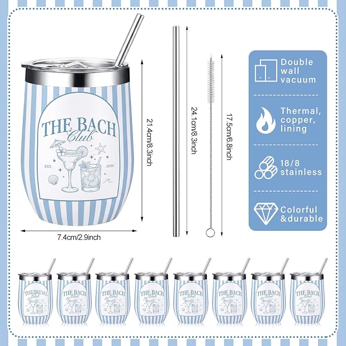 Sliner 8 Pcs The Bachelorette Club Gifts Tumbler with Lid, 12oz Stainless Steel Bachelorette Party Cups Insulated Wine Glass Bridesmaid Tumbler Mugs for Bridal Shower Favors Engagement Wedding Gifts
