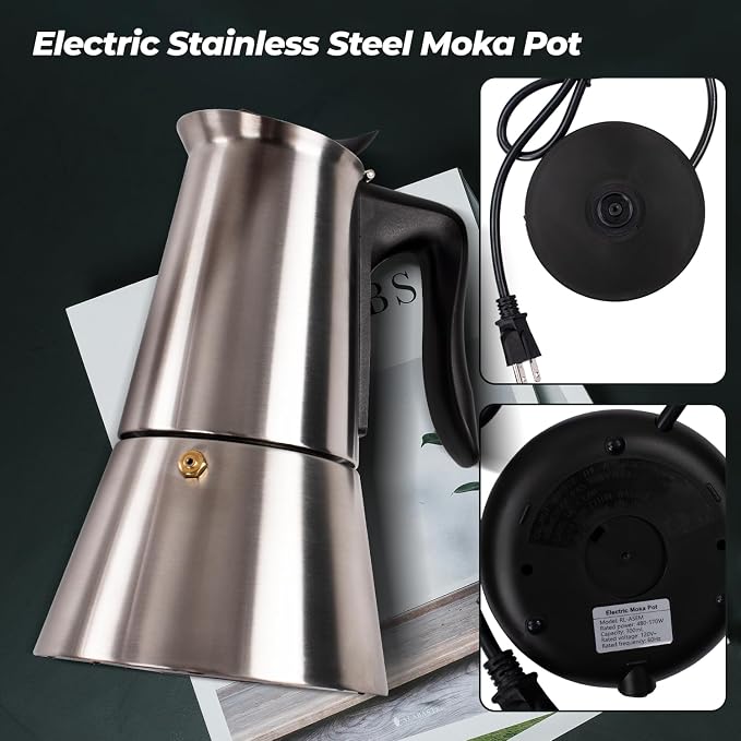 Electric Stainless Steel Moka Pot 6 Cup 300ml Mocha Pot Espresso Maker with Detachable Base Ideal Coffee Maker for Home Italian and Cuban Café Coffeemaker Espressomaker Coffee Pot