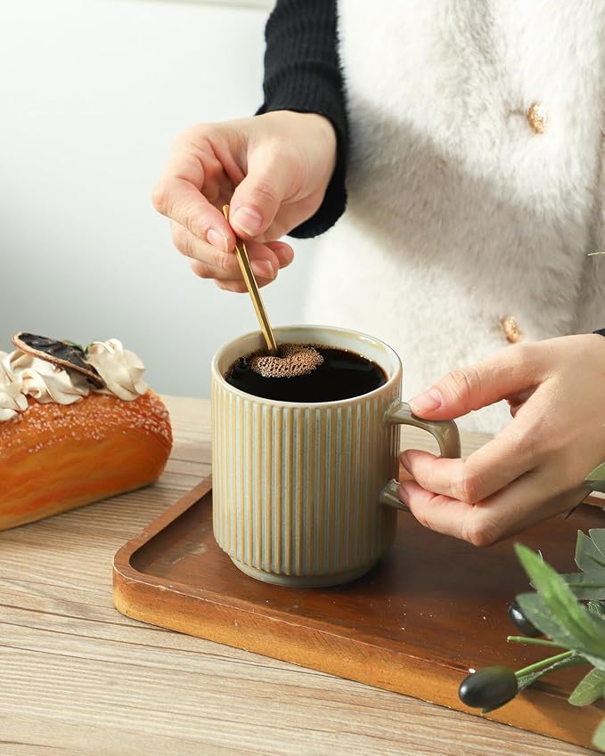Coffee Mugs Set of 4, Ceramic Ribbed Tea Coffee Cups with Handle, Large Porcelain Mug for Americano, Latte, Cappuccino, Hot Chocolate, Grey