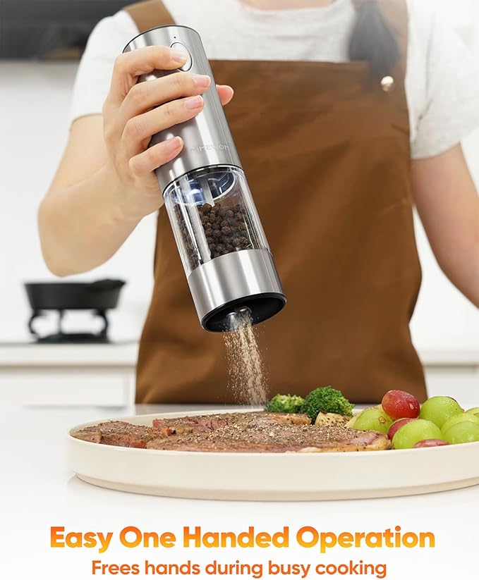 Electric Salt and Pepper Grinder Set with LED Light, Rechargeable Salt and Pepper Shakers with 5 Adjustable Coarseness, Upgraded Large Capacity, Stainless Steel, Storage & Charging Base