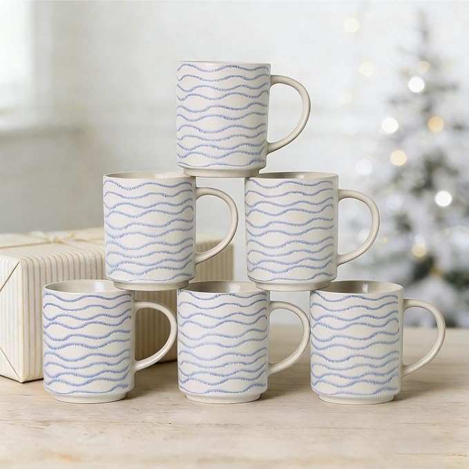 Coffee Mugs Set of 6, 17oz Ceramic Mugs with Handpainted Blue Gray Stripe Pattern, Modern Stackable Coffee Cups, Dishwasher and Microwave Safe Mugs for Home & Office (Wavy Pattern)