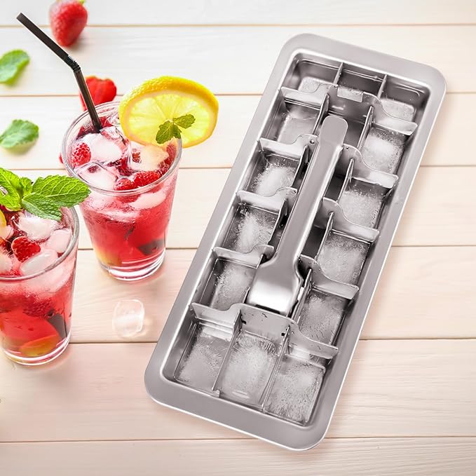 Yaocom 2 Pcs 18 Slot Stainless Steel Ice Cube Maker and Tray Ice Cube Tray for Bars Kitchens Levers Remove Cubes Easy Removal Metal Food Grade Freezer Molds for Food Juice Dishwasher Safe