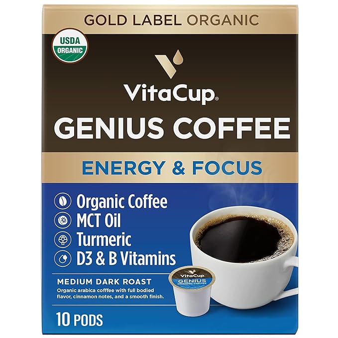 VitaCup Organic Genius Keto Coffee Pods, Increase Energy & Focus w/MCT Oil, Turmeric, B Vitamins, D3, Medium Dark Roast, Bold, Smooth, Single Serve Pod Compatible w/Keurig K-Cup Brewers, 10 Ct