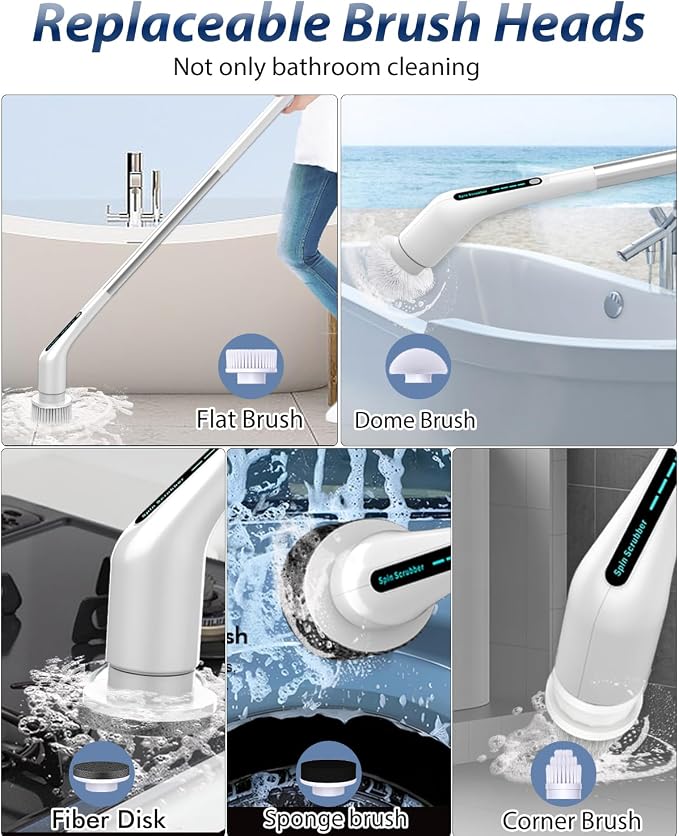 Electric Spin Scrubber, IPX7 Waterproof Cordless Shower Cleaner 2 Speeds 5 Replaceable Heads Adjustable Extension Handle for Bathroom,Toilet, Bathtub, Kitchen, Tile Floors