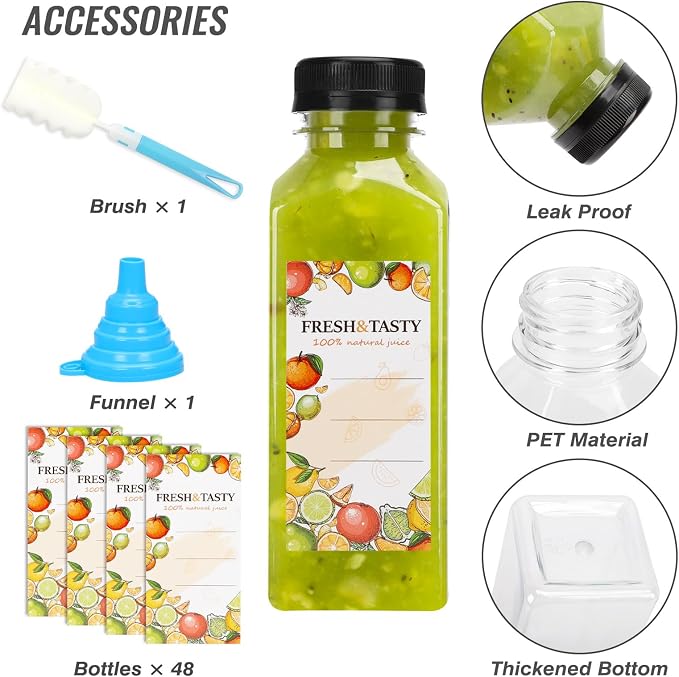 TOMNK 48pcs Juice Bottles, 12oz Reusable Plastic Juice Bottles with Caps and Labels, Funnel, Brush Beverage Containers for Juicing, Smoothies, Tea, Milk