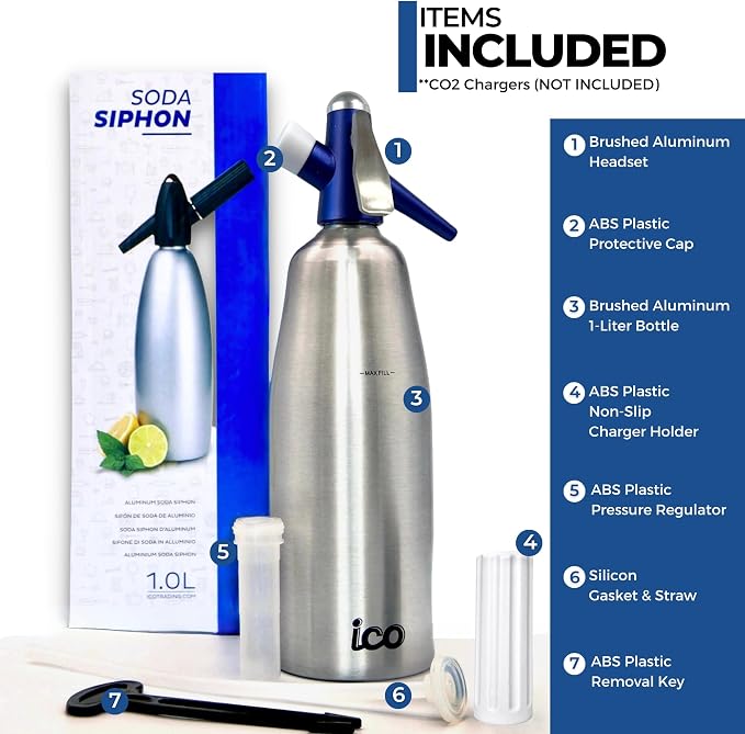ICO Soda Siphon, Sparkling Water Maker, Soda Maker, Carbonated Water Machine for Fresh Soda Water, Cocktails, Hard Seltzers, Uses 8g C02 cartridges (Not Included), 1L/1 Pint